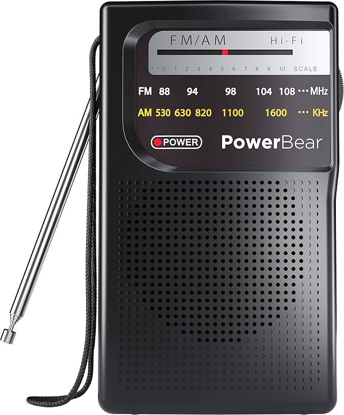 PowerBear Portable Radio | AM/FM, 2AA Battery Operated with Long Range Reception for Indoor, Outdoor & Emergency Use | Radio with Speaker & Headphone Jack (Black)
