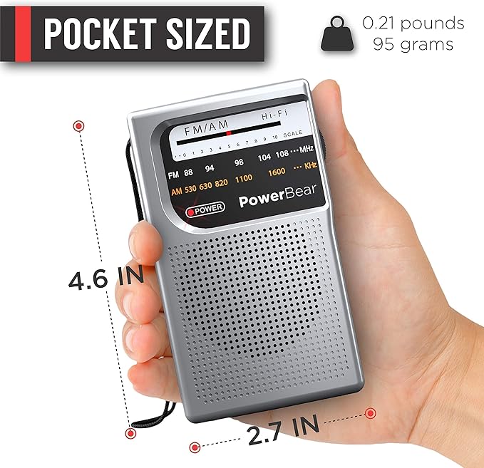 PowerBear Portable Radio | AM/FM, Battery Operated, Long Range (Black,Silver,Red)
