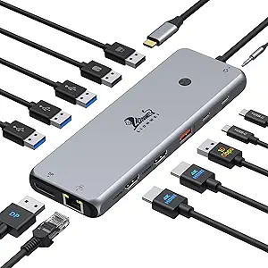 USB C Hub USB C Docking Station Dual Monitor 13 in 1 Triple Display Multiport Adapter with 2 HDMI+DP+8 USB C/A Ports+Ethernet+Audio, USB C Dongle for MacBook/Dell/HP/Lenovo ThinkPad/Surface
